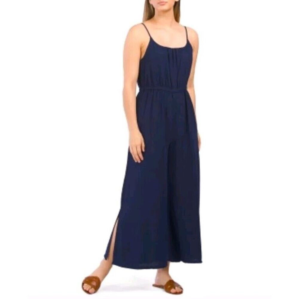 Haute Hippie Womens XS Jumpsuit Wide-Leg Linen Blue Pockets Cotton Side Slits